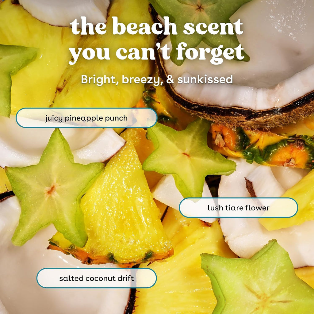 A tropical fruit and coconut collage with overlaid text reading 'the beach scent you can't forget' and scent labels: 'juicy pineapple punch,' 'lush tiare flower,' and 'salted coconut drift.' This is not a clean product shot of a physical item, and it is not a measurement chart, color swatch, instruction diagram, scenery, or placeholder, so subject_type is Other.