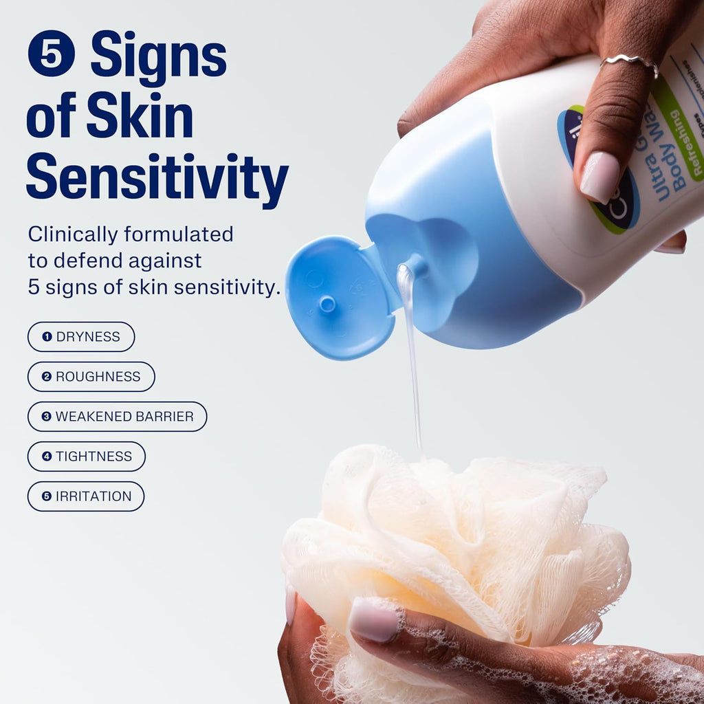 Hand applying lotion to a sponge with text about skin sensitivity and product features.