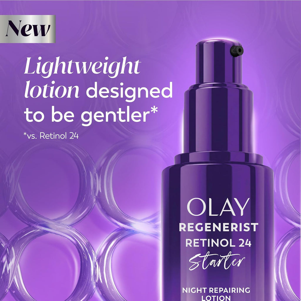 Olay Regenerist Retinol 24 Starter Night Repairing Lotion in a dark purple pump bottle, set against a matching purple background with graphic text highlighting its lighter formula.