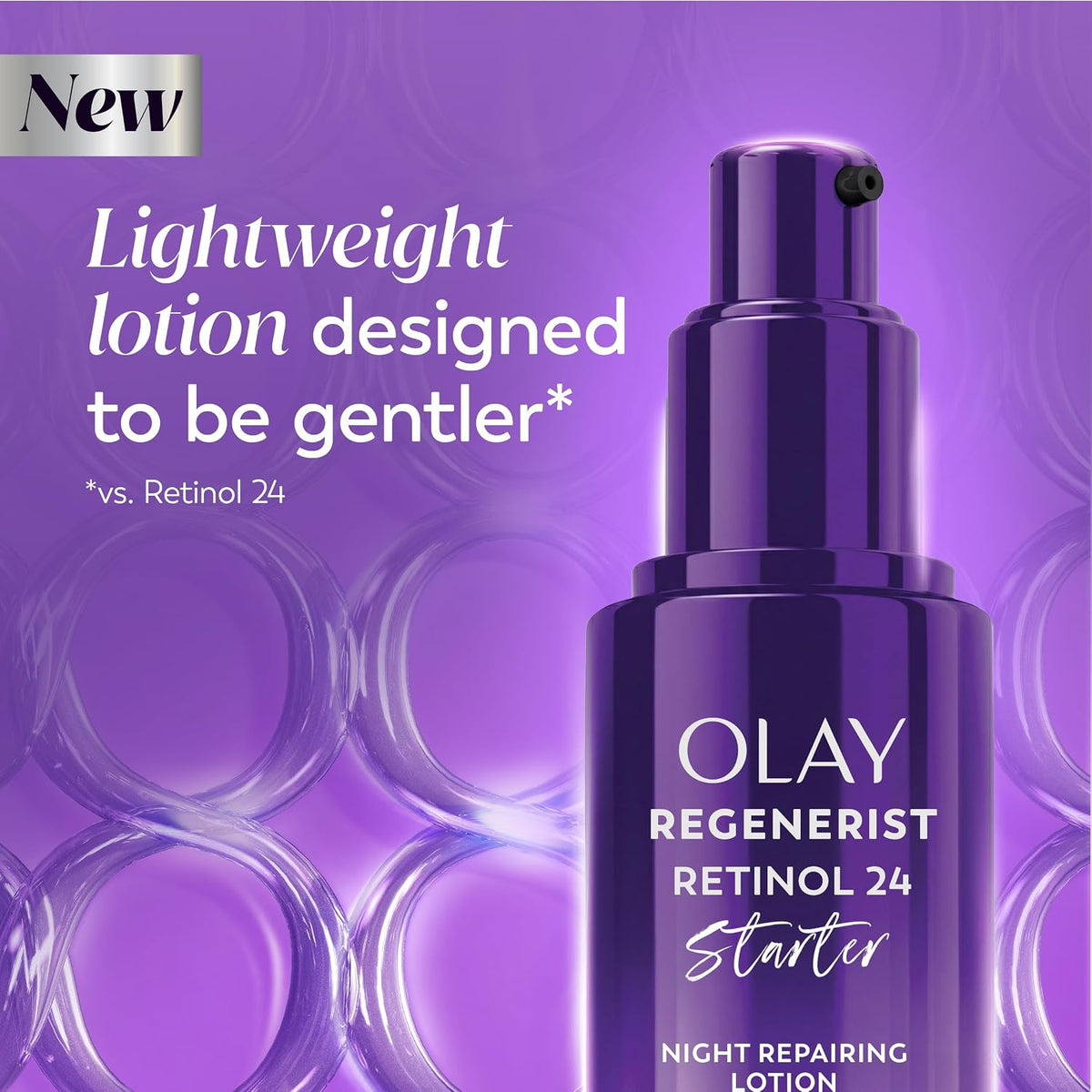 Olay Regenerist Retinol 24 Starter Night Repairing Lotion in a dark purple pump bottle, set against a matching purple background with graphic text highlighting its lighter formula.