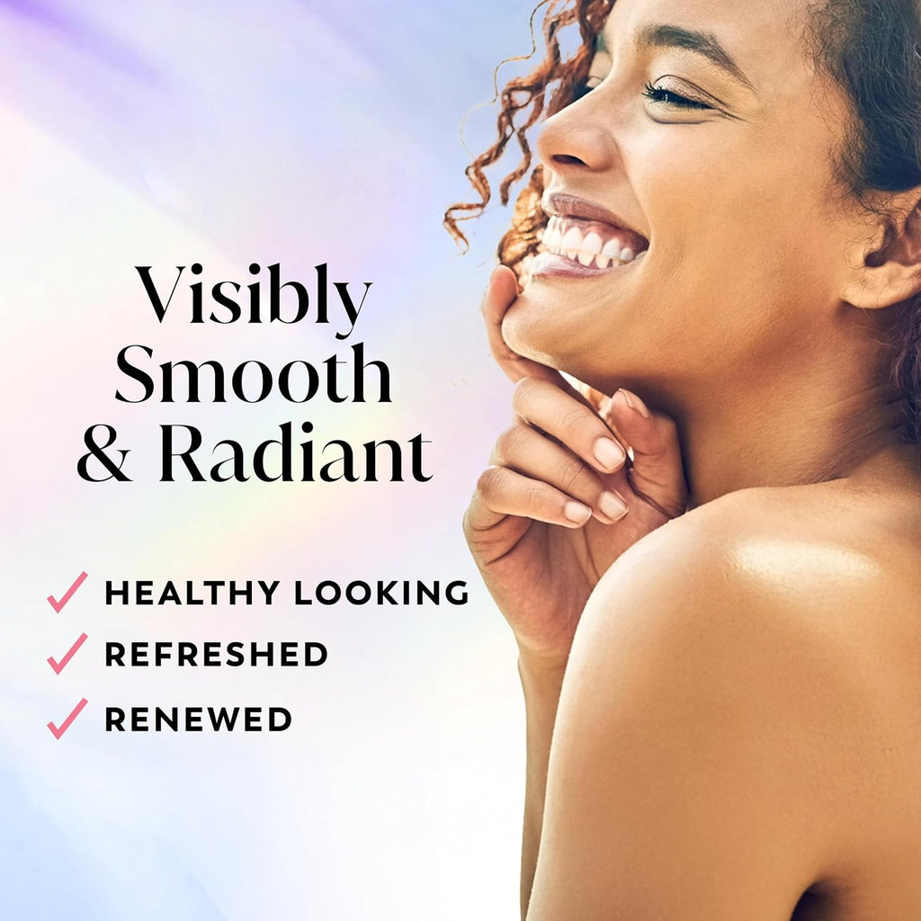 Woman with visibly smooth and radiant skin, text indicating healthy, refreshed, and renewed appearance.