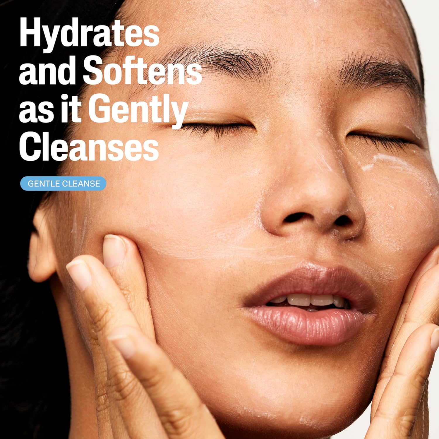 Person applying skincare product with text 'Hydrates and Softens as it Gently Cleanses' on a beige background