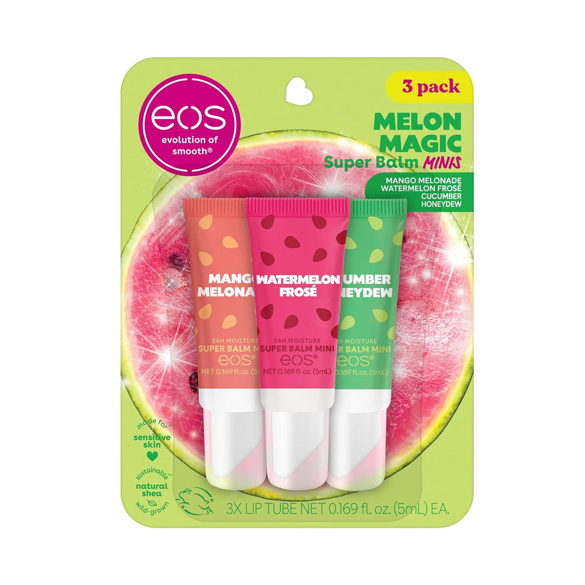 Packaging of eos lip balm minis with watermelon design on a white background