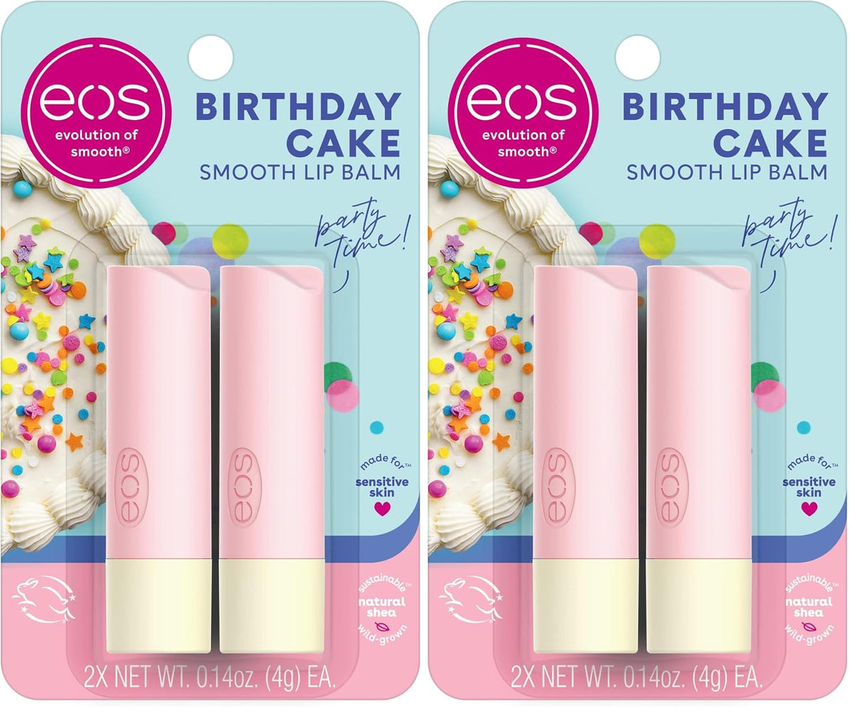 Two packages of EOS Birthday Cake Smooth Lip Balm, each containing two light pink lip balm tubes with cream-colored bottoms, set against a clean white background.