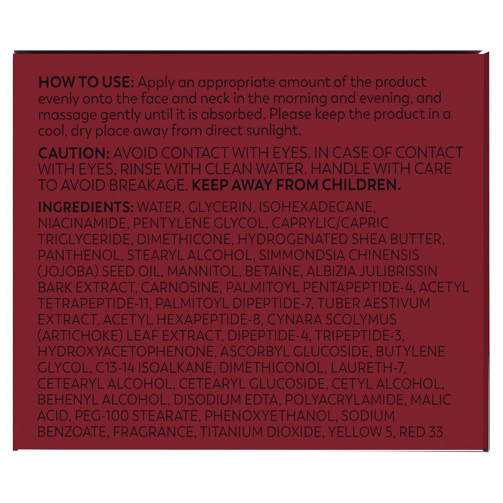 A dark red square informational card with black text detailing how to use, caution warnings, and ingredients of a facial massage product.