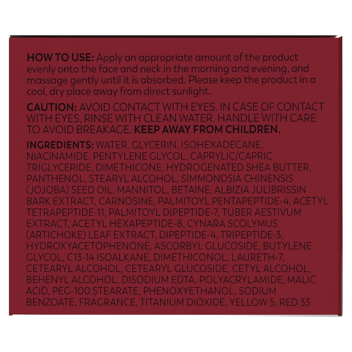A dark red square informational card with black text detailing how to use, caution warnings, and ingredients of a facial massage product.