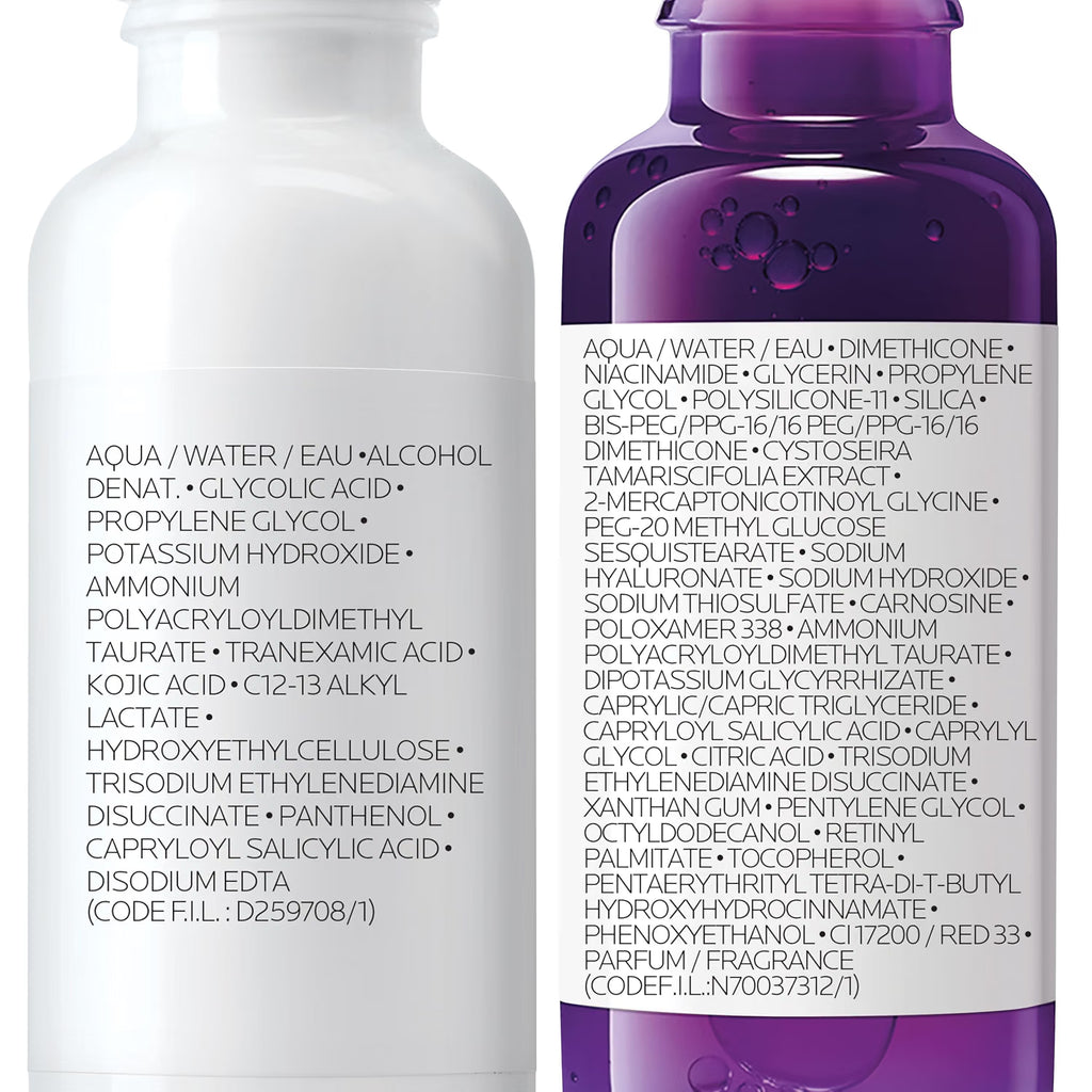 Two cosmetic bottles on a white background: a white bottle showing the front text panel and a purple bottle showing the back text panel. No people or environment are present.