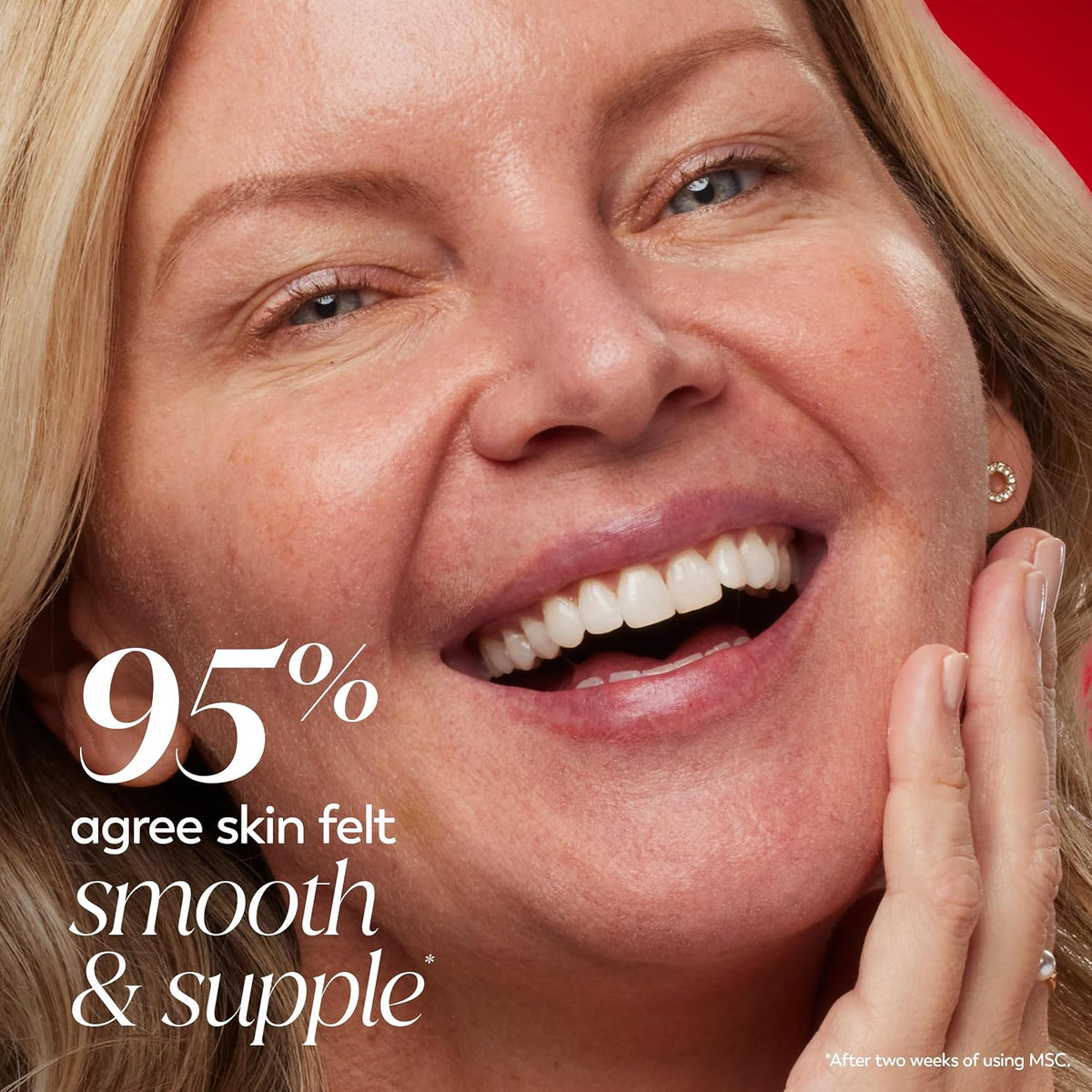 Woman with smooth skin touching her face, with text indicating 95% agree skin felt smooth & supple.