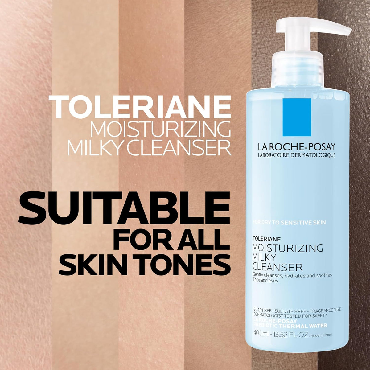 Laroche-Posay Toleriane Moisturizing Milky Cleanser bottle with skin tones background