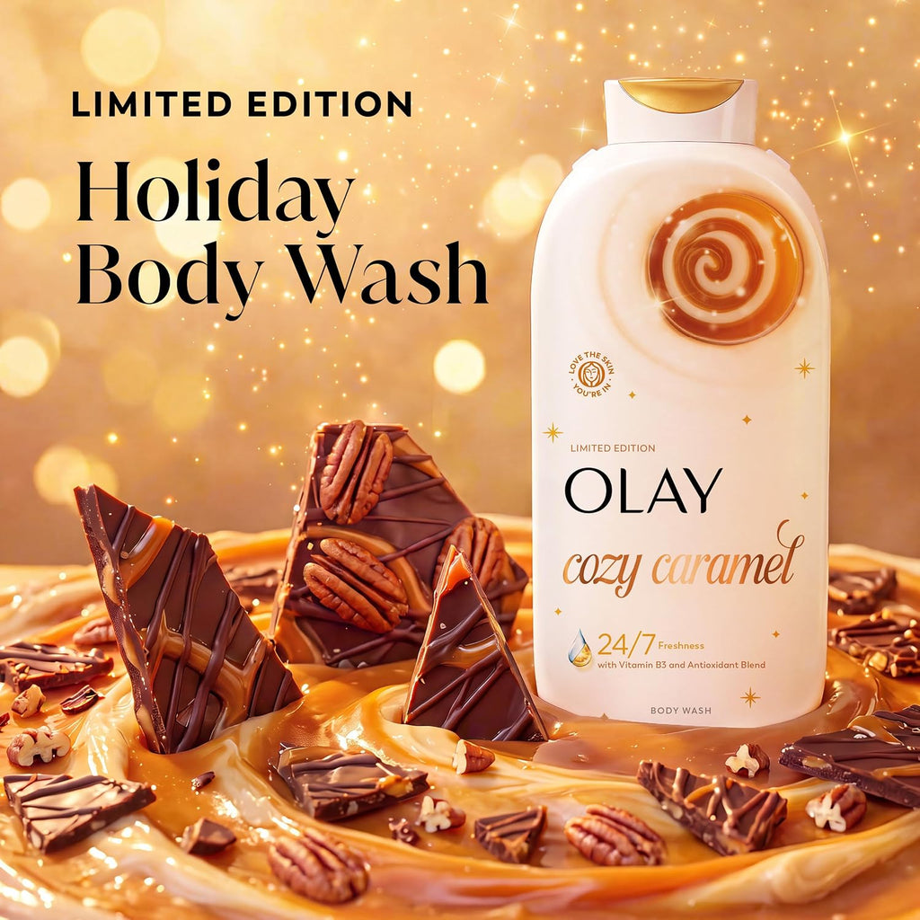Olay Holiday Body Wash Limited Edition Cozy Caramel bottle displayed on a decorative surface with caramel swirls, chocolate pieces, and pecans against a warm golden bokeh background. Large text reads 'LIMITED EDITION Holiday Body Wash'.