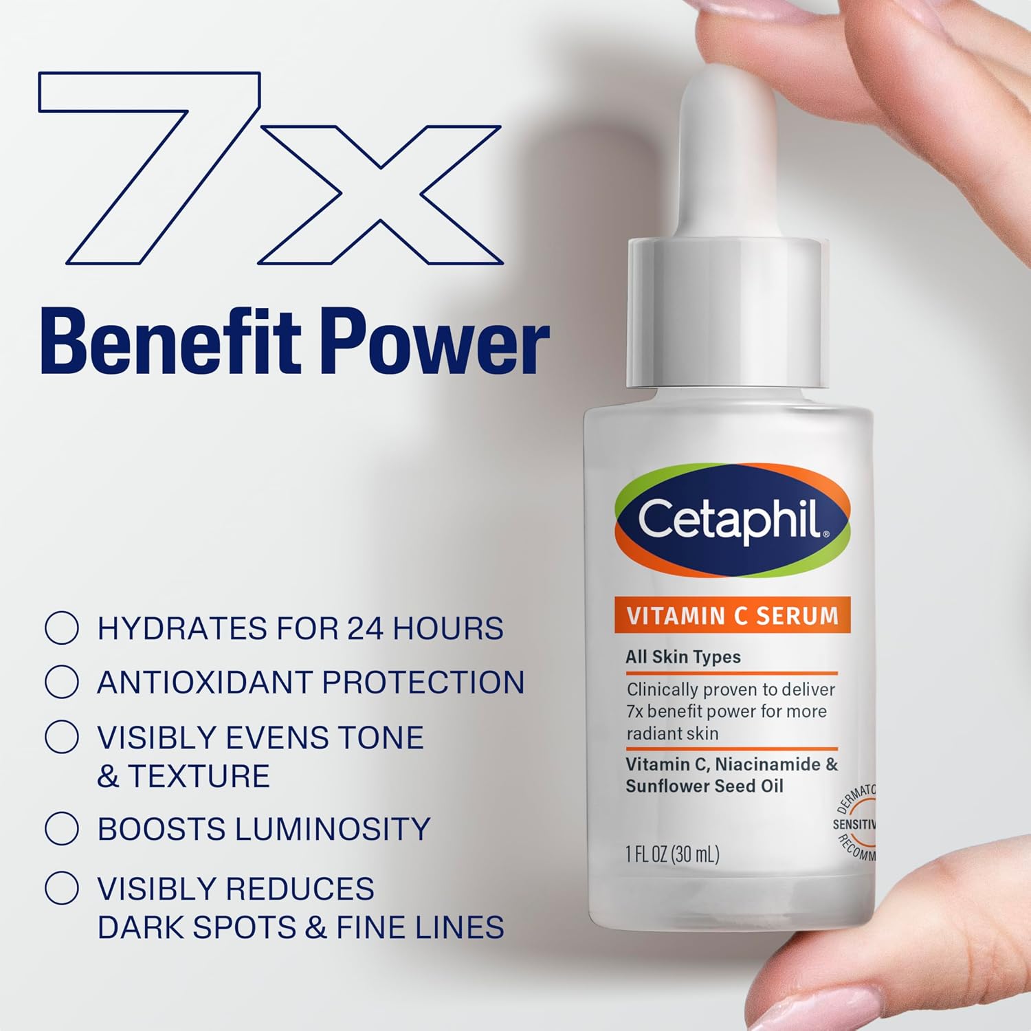 Cetaphil Vitamin C Serum bottle with text highlighting benefits on a white background
