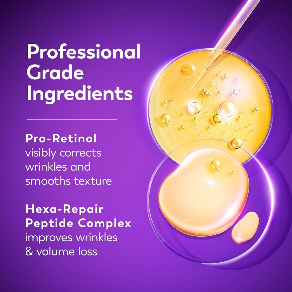 Advertisement for professional-grade skincare ingredients with Pro-Retinol and Hexa-Repair Peptide Complex on a purple background.