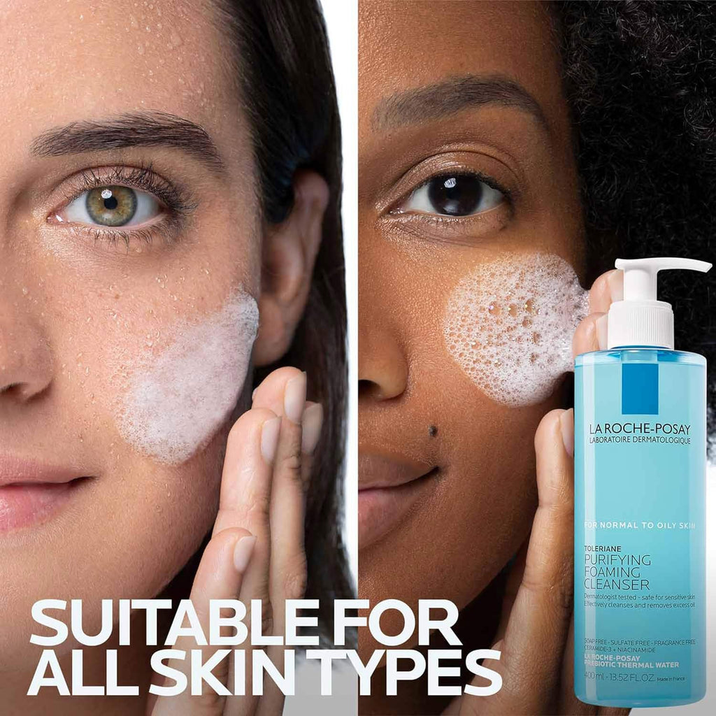 Two women with cleanser on their faces and a bottle of La Roche-Posay cleanser.