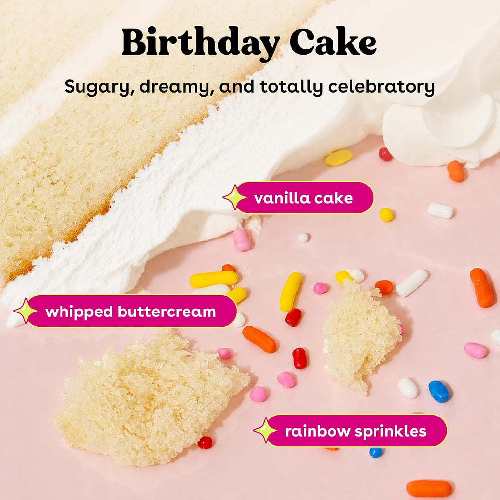 A styled birthday cake scene on a pink background with text labels pointing to vanilla cake layers, whipped buttercream, crumbs, and rainbow sprinkles. The headline reads 'Birthday Cake' with the subtitle 'Sugary, dreamy, and totally celebratory.