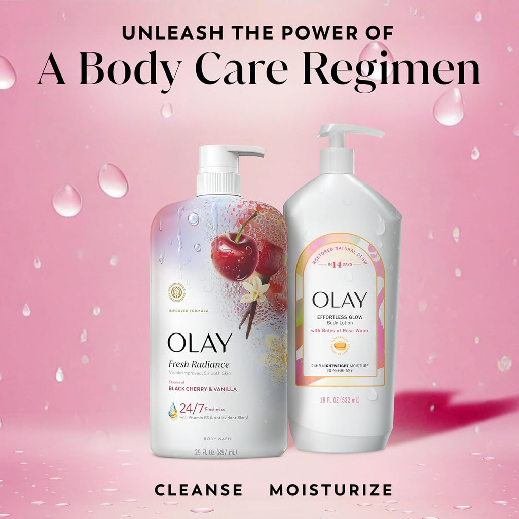 Two Olay body care products on a pink background with text about a body care regimen.