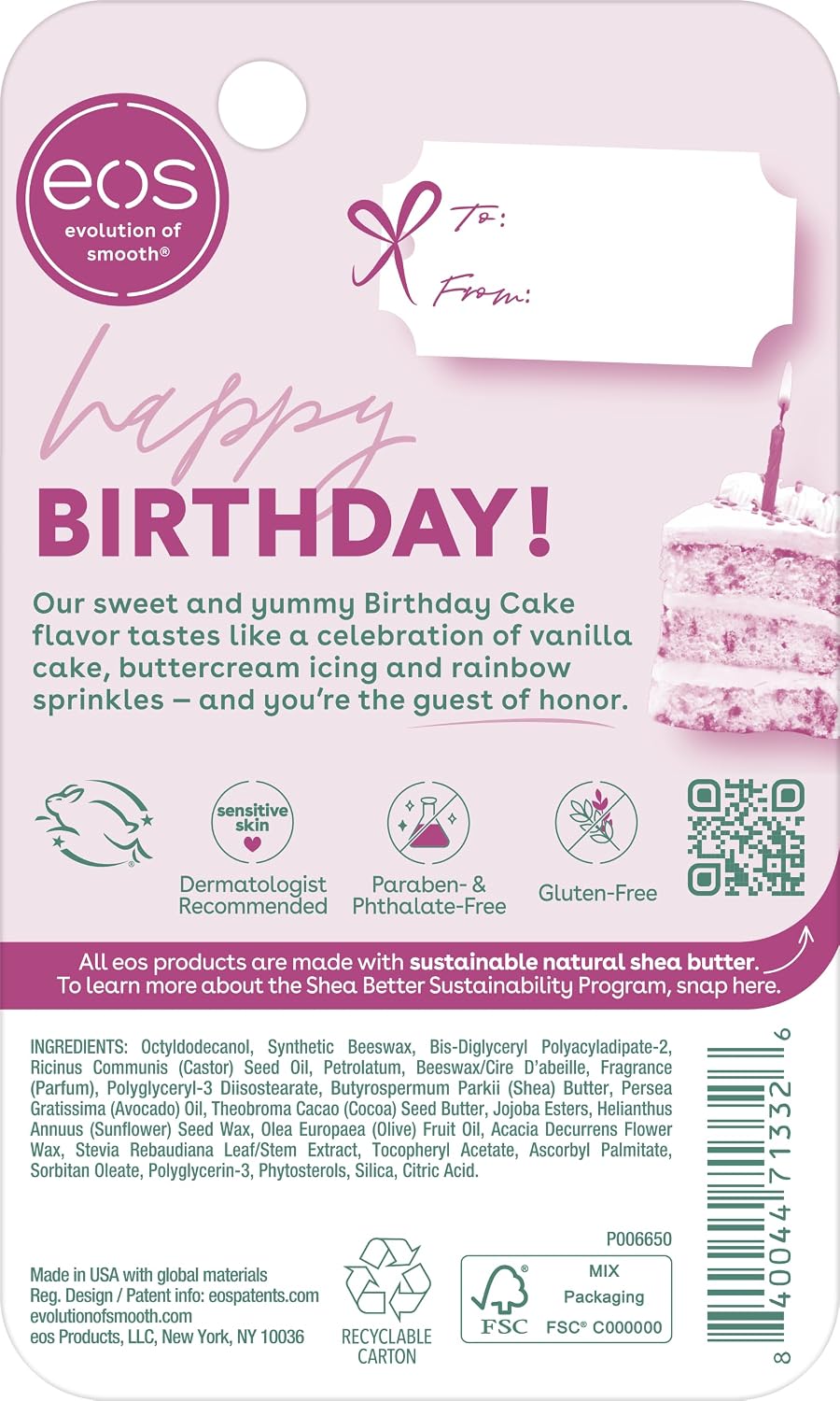 Eos birthday cake flavor packaging with text and graphics