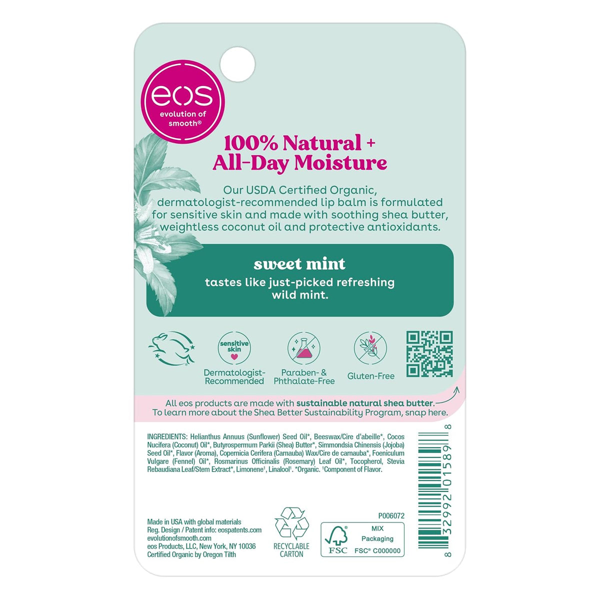 A hanging retail card for EOS Prescription of Brooklyn Sweet Mint lip balm, showing product information, ingredients, a QR code, and a barcode on a white background.