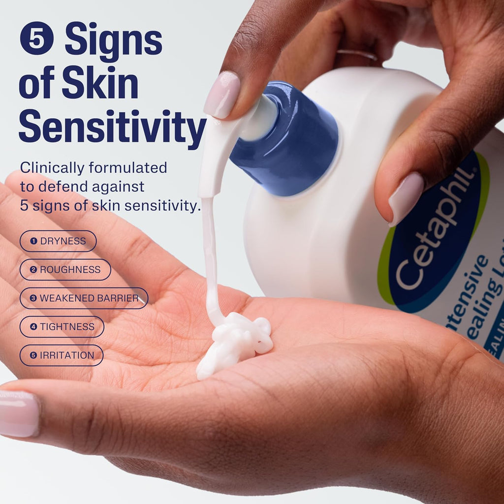 Cetaphil lotion being dispensed into a hand with text about skin sensitivity.