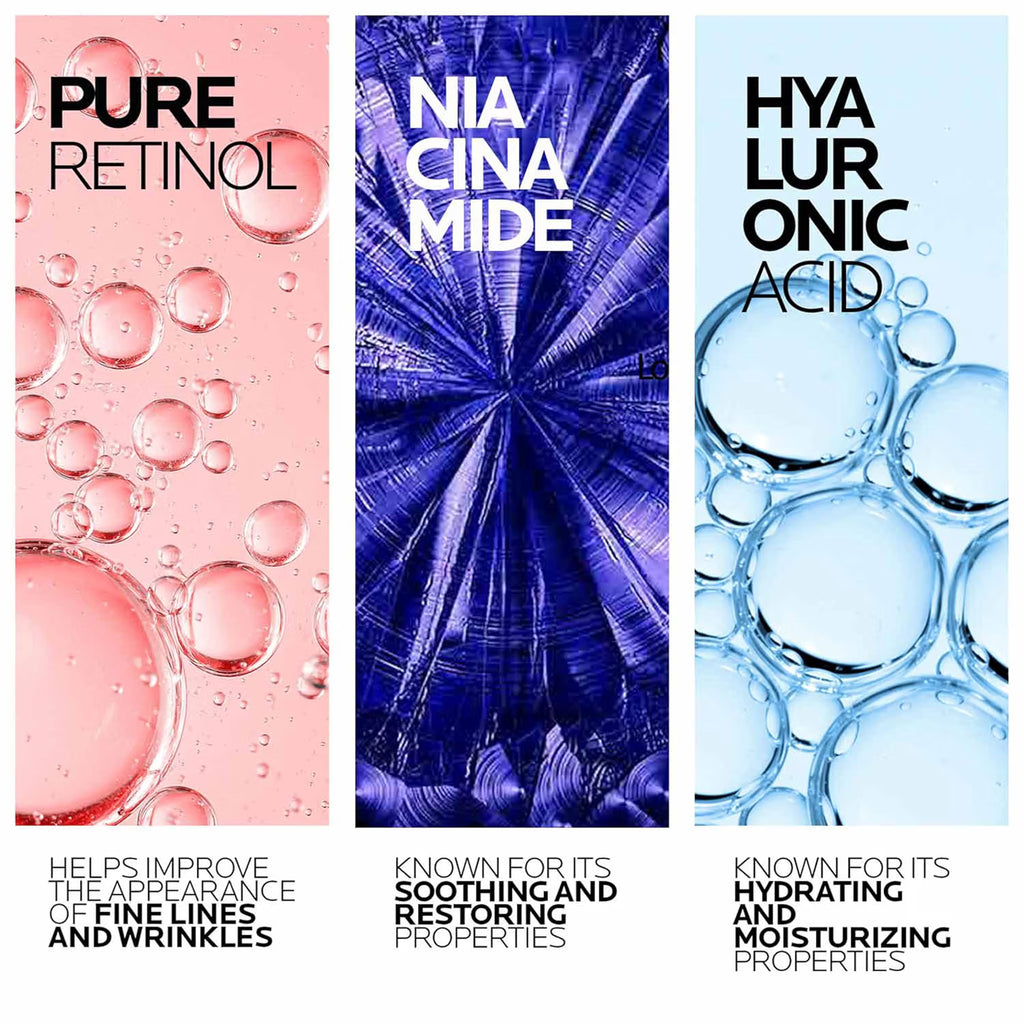 Three skincare product names with images of bubbles and text describing their benefits.
