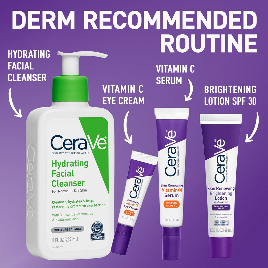 CeraVe skincare products with labels on a purple background
