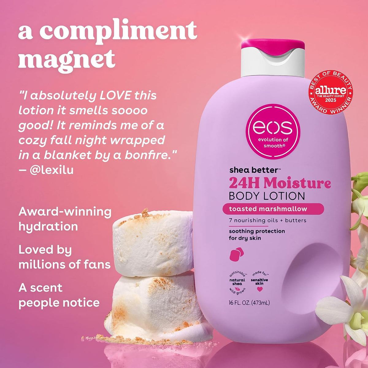 A bottle of EOS 24H Moisture Body Lotion in toasted marshmallow scent, shown on a pink promotional background with text overlays, a stack of marshmallows, and decorative flowers. The bottle is lavender purple with a white cap and pink accents.