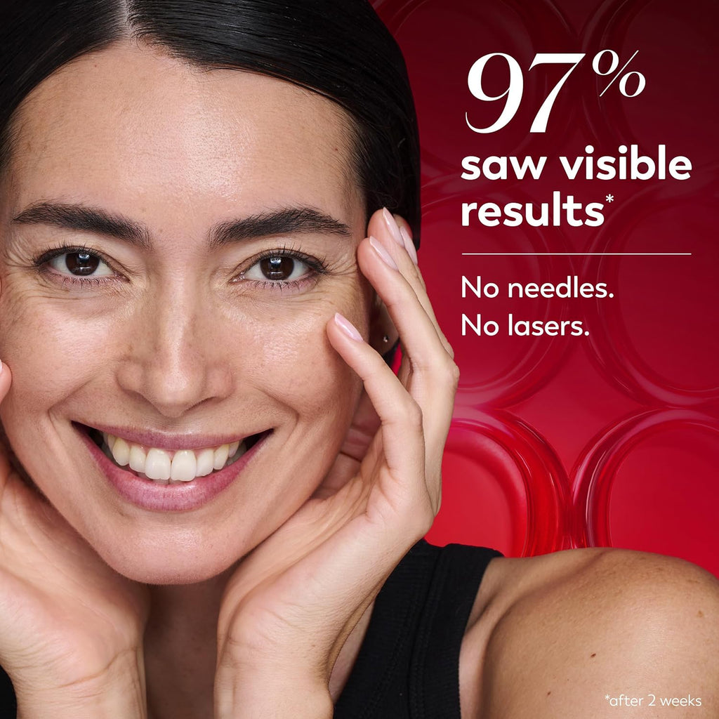 Woman with smooth skin touching face, red background with text '97% saw visible results', no needles, no lasers.
