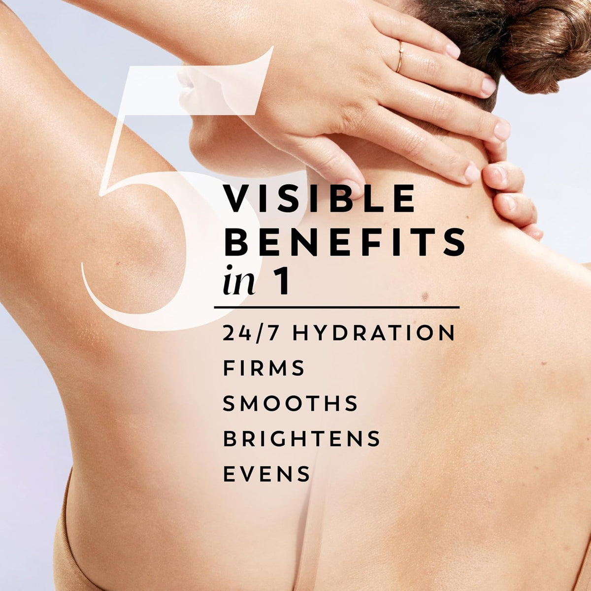 Person applying a skincare product to their shoulder with text highlighting visible benefits.