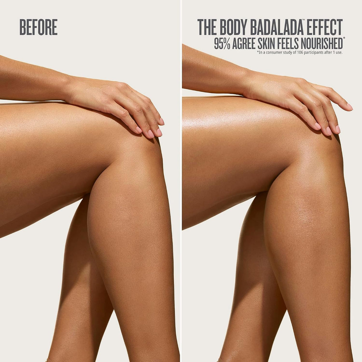 Before and after comparison of a person's legs with text about the 'Body Badalada Effect'.