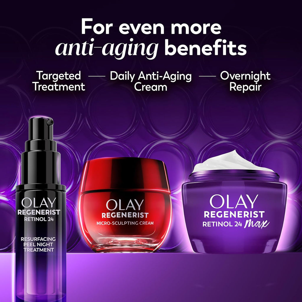Three Olay Regenerist retinol skincare products displayed against a purple promotional background with text reading 'For even more anti-aging benefits' and 'Targeted Daily Anti-Aging Cream Overnight Repair.' Visible products include a black pump bottle, a red jar, and a purple cream container with white cream visible at the top.