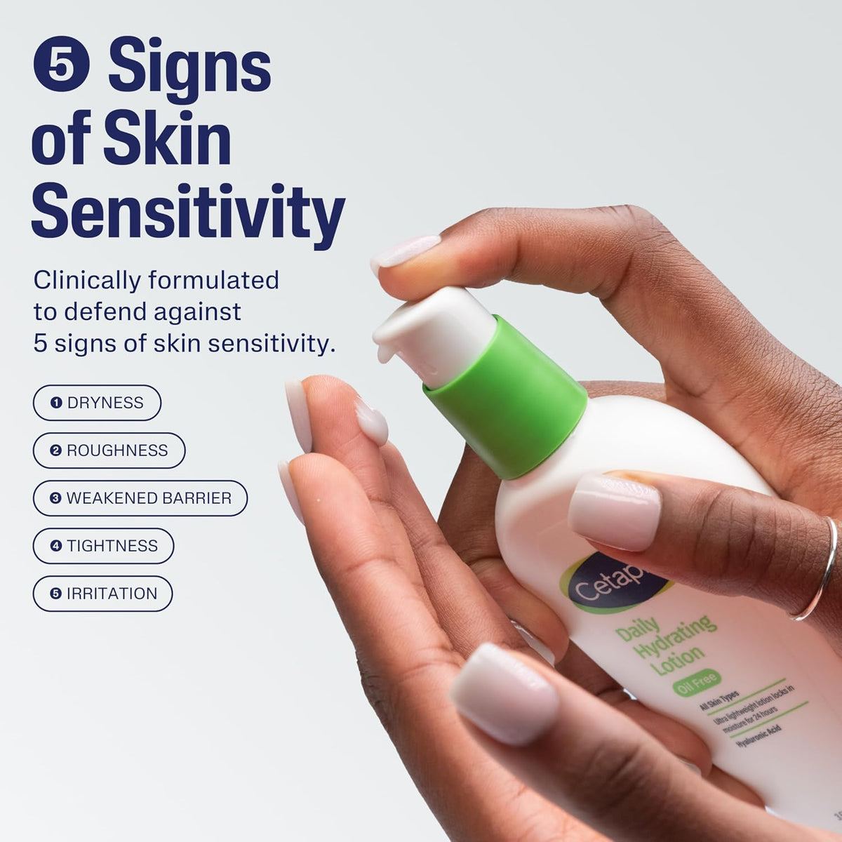 Hand holding a bottle of Cetaphil daily hydrating lotion with text about skin sensitivity.