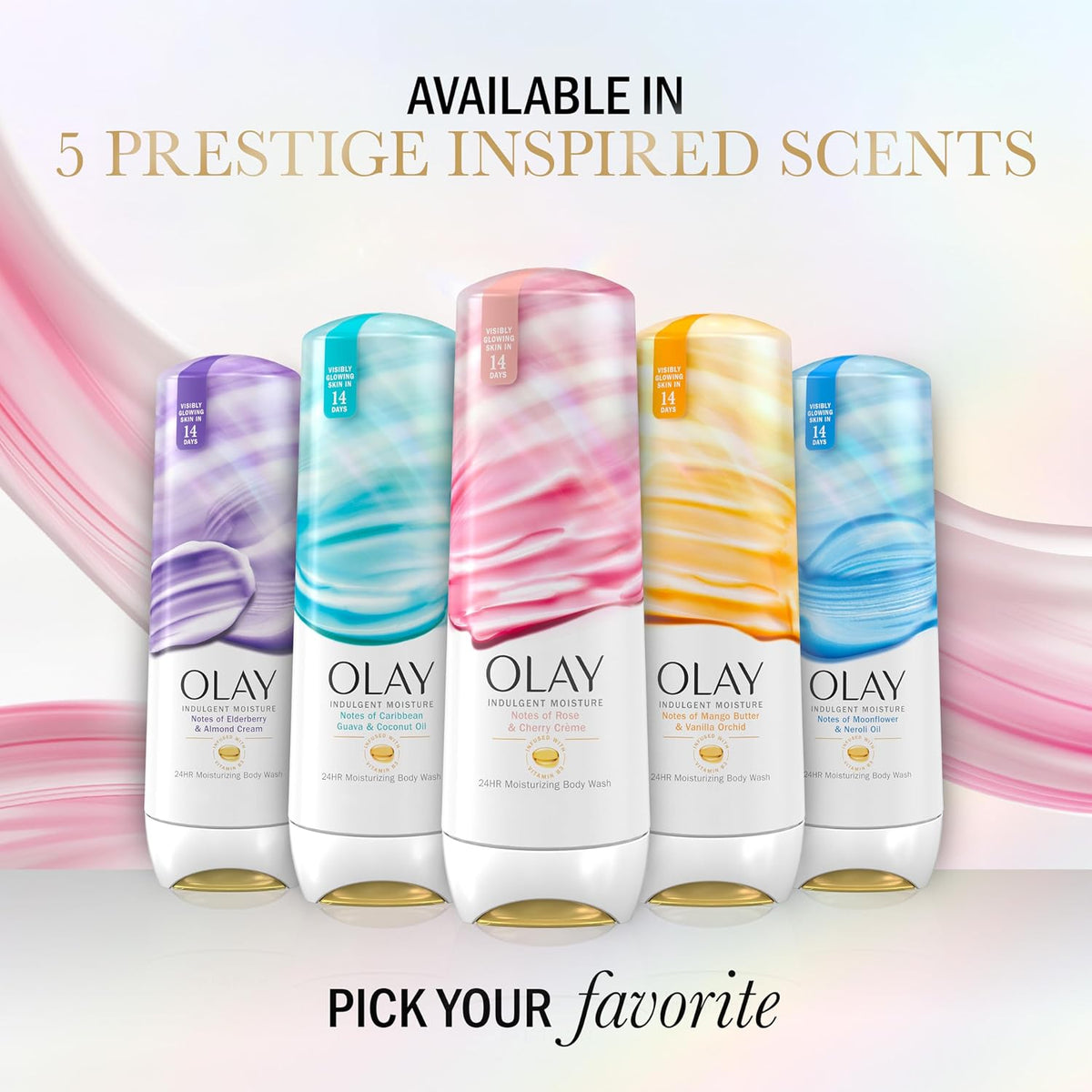 Olay body wash bottles with colorful labels on a white background