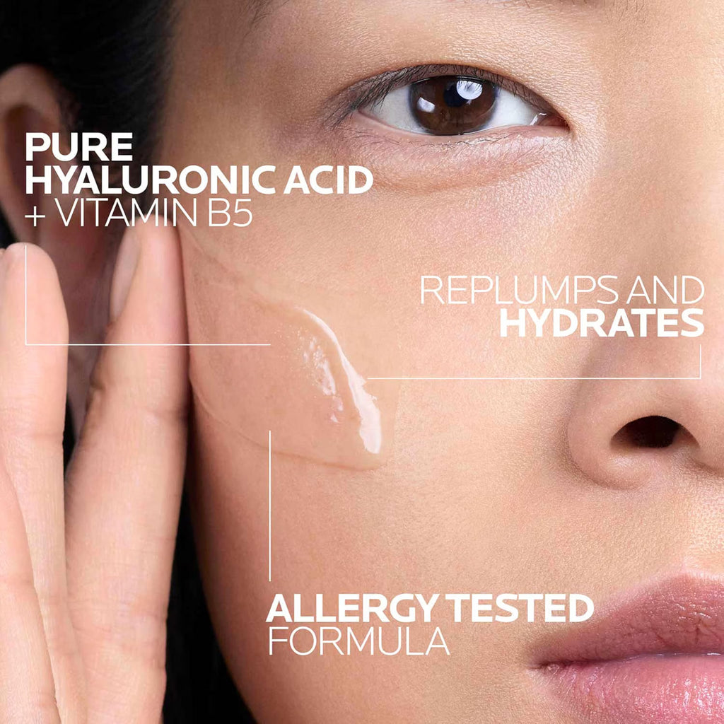 Close-up of a person's face with skincare product, highlighting pure hyaluronic acid and vitamin B5.