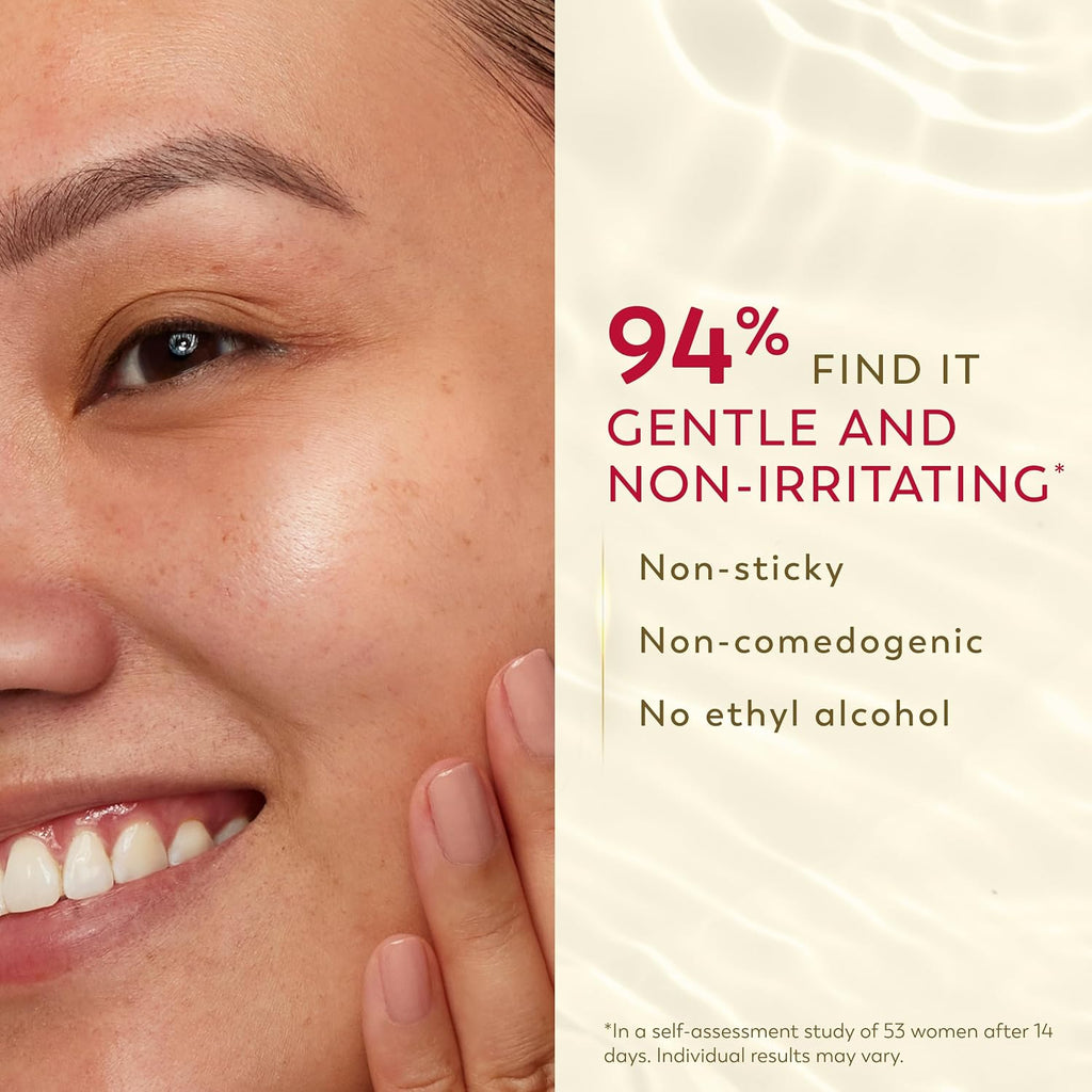 Close-up of a smiling woman's face and hand touching her cheek beside text that reads '94% FIND IT GENTLE AND NON-IRRITATING' with additional claims: non-sticky, non-comedogenic, and no ethyl alcohol.