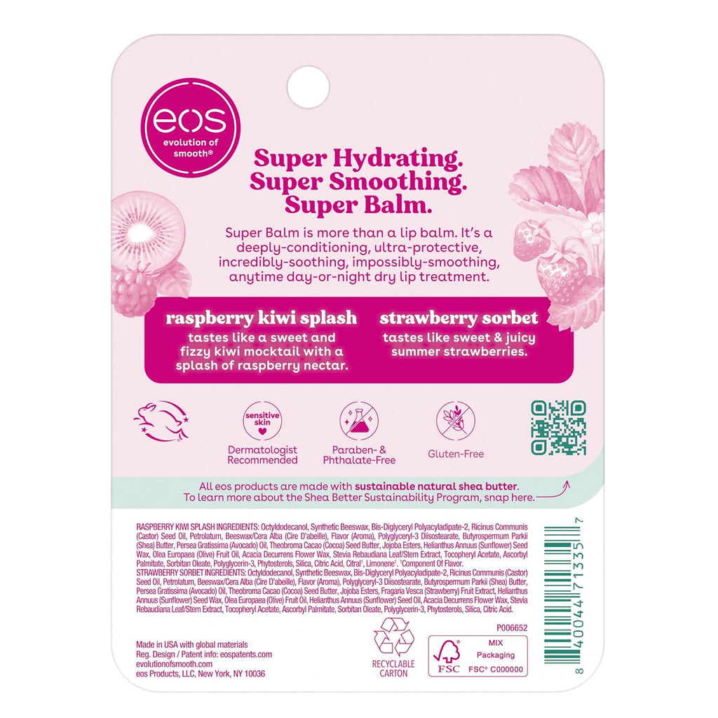 Back of an eos lip balm packaging with product details and branding.