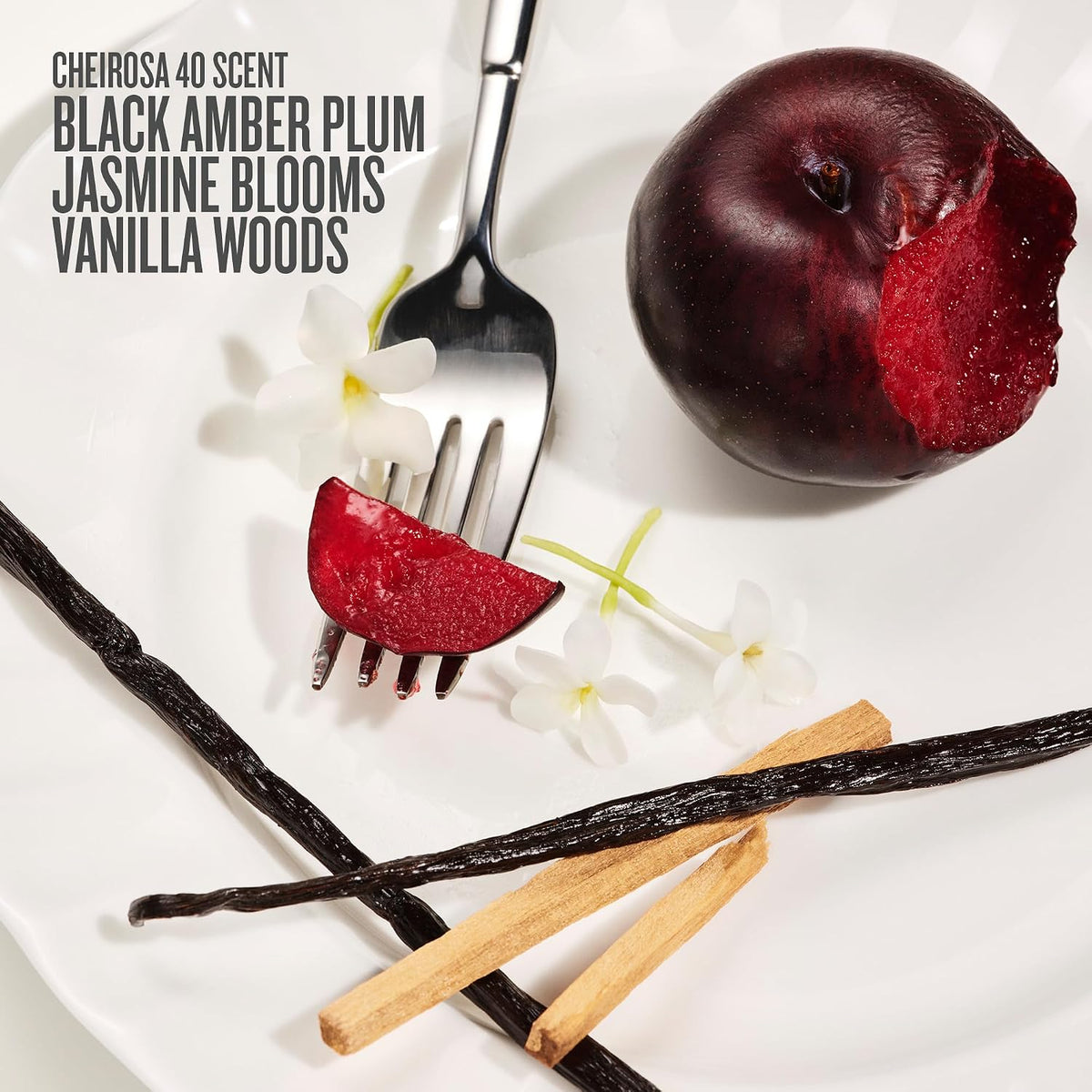 A perfume scent note graphic for 'Cheirosa 40 Scent' featuring Black Amber Plum, Jasmine Blooms, Vanilla Woods, and Black Amber Plum. The visual shows a dark red plum with a bite taken out, a slice of red plum on a fork, white jasmine flowers, vanilla beans, and cinnamon sticks on a white plate, with dark vanilla beans in the foreground.