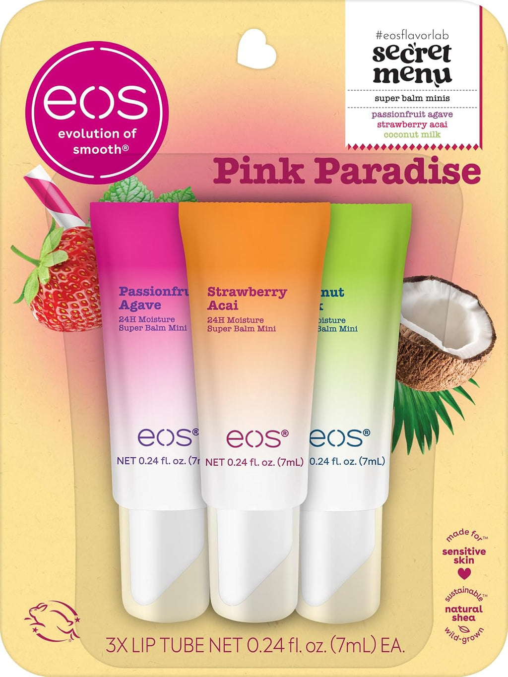 Packaging of eos lip balm tubes with flavors 'Passionfruit Agave', 'Strawberry Acai', and 'Coconut' on a pink and yellow background.