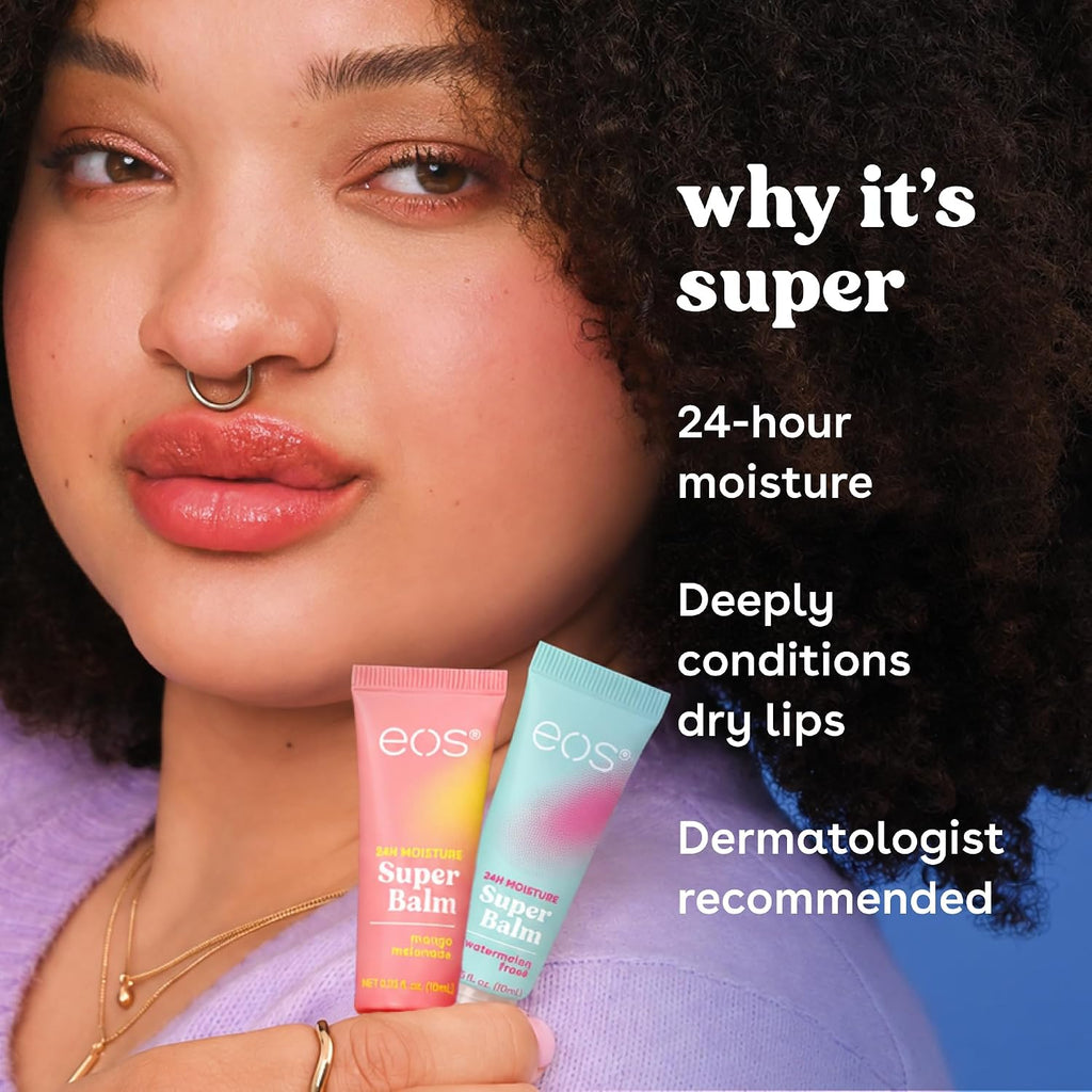 A close-up of a woman holding two EOS lip balm tubes, one pink and one light blue, with promotional text on the right reading 'why it's super' and '24-hour moisture Deeply conditions dry lips Dermatologist recommended'.