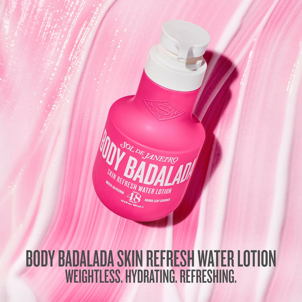 A pink bottle of Sol de Janeiro Body Badalada Skin Refresh Water Lotion with a white pump, set against a pink and white cream swirl background with text at the bottom.