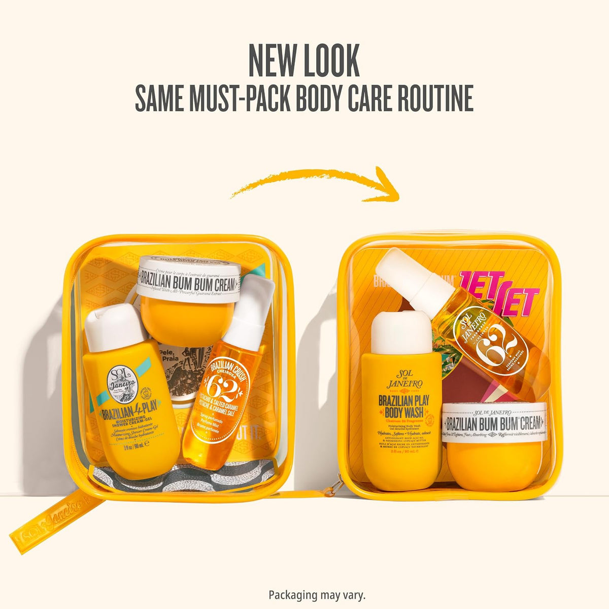 Body care product set with yellow packaging on a white background