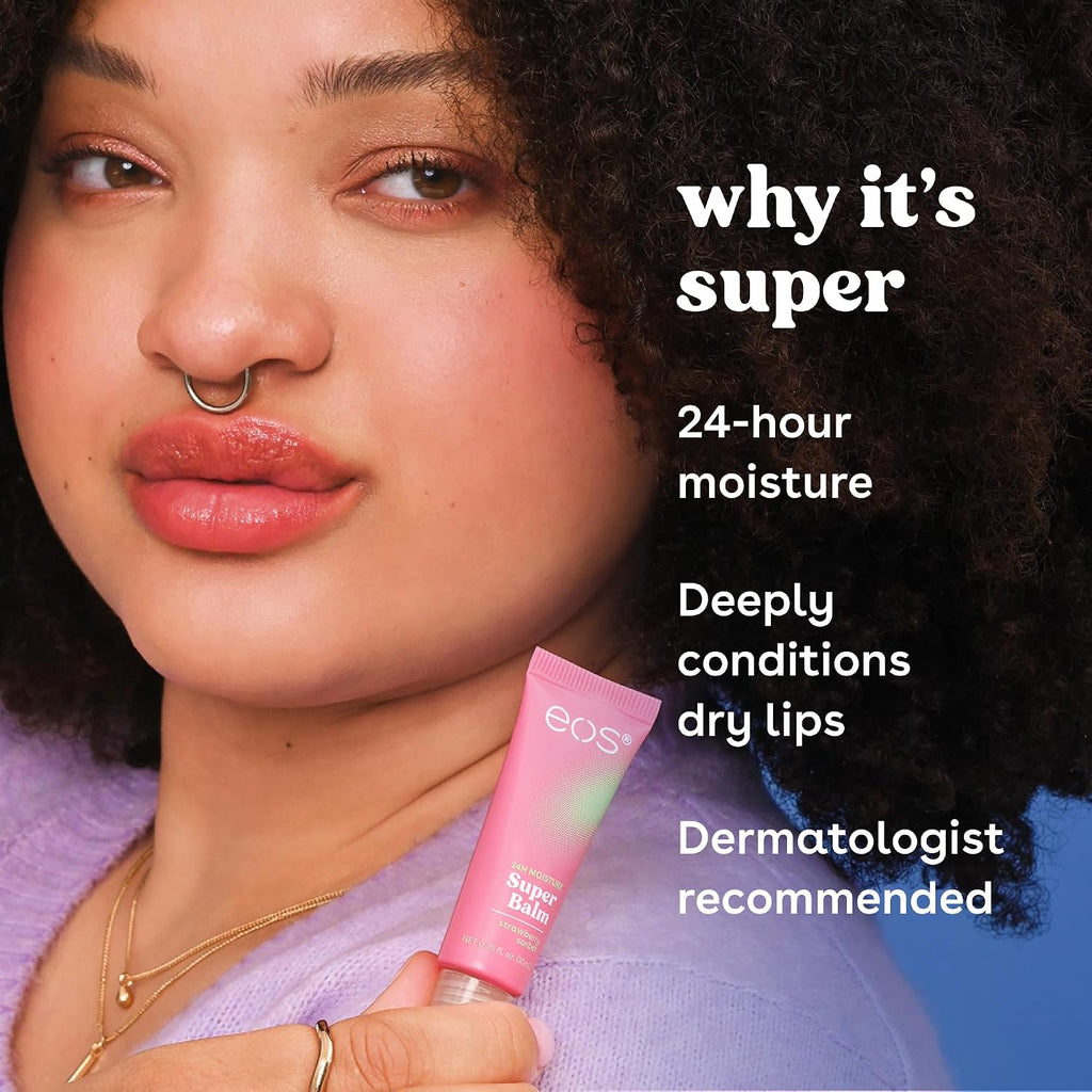 A close-up lifestyle shot of a woman holding a pink EOS Super Lip Balm tube, with text overlays highlighting its benefits: 'why it's super', '24-hour moisture', 'Deeply conditions dry lips', and 'Dermatologist recommended'.