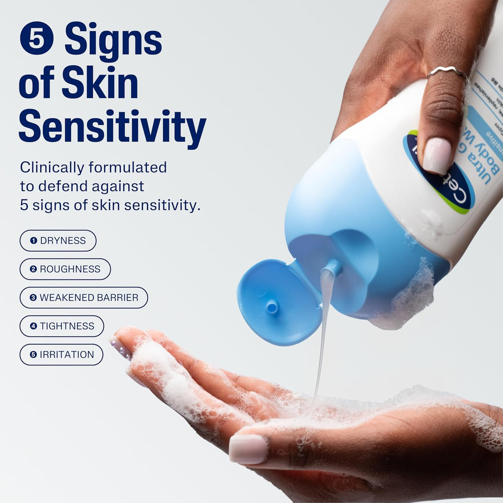 Hand applying a skincare product with text about skin sensitivity and product features.