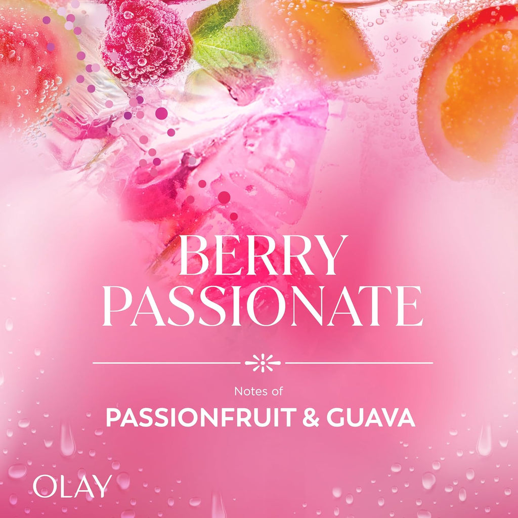 OLAY Berry Passionate skincare product packaging with fruit slices on a pink background