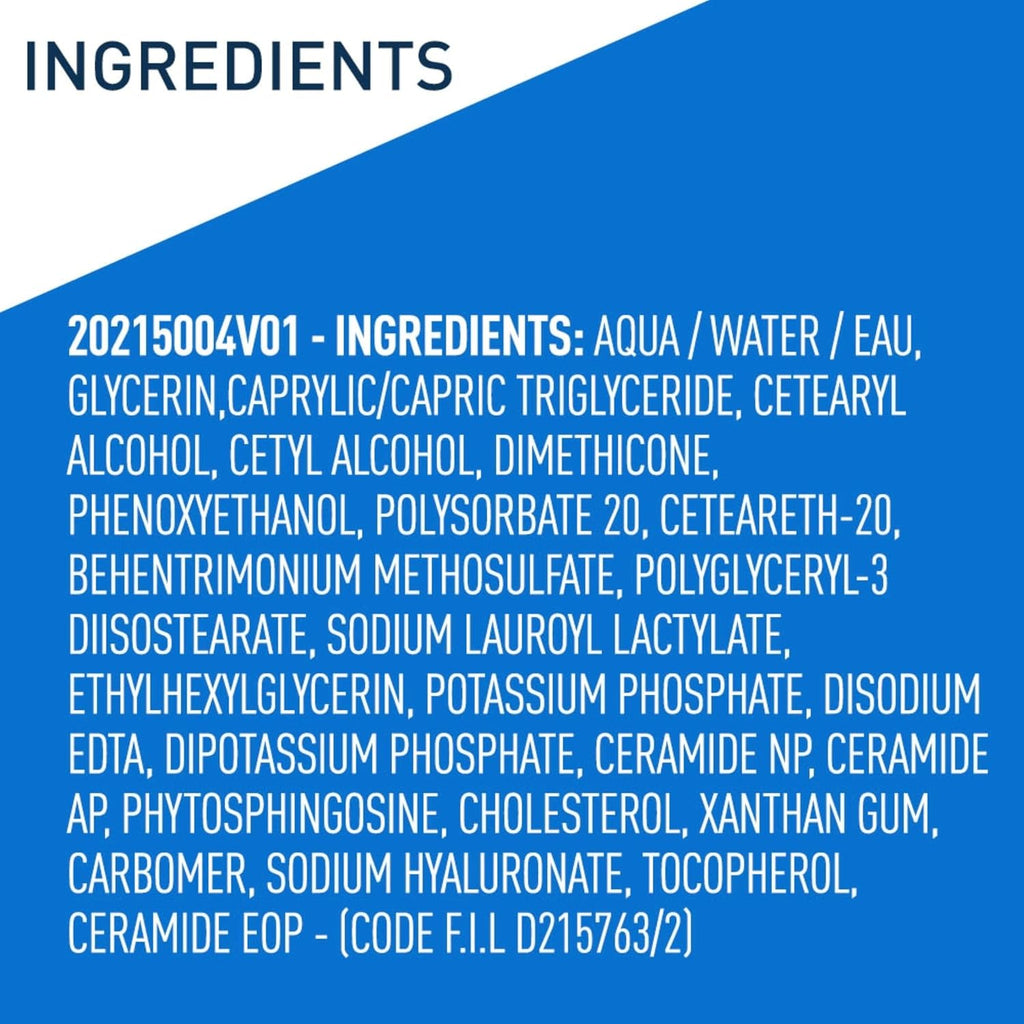 A blue and white graphic with the heading 'INGREDIENTS' and a long list of cosmetic ingredients in white text.