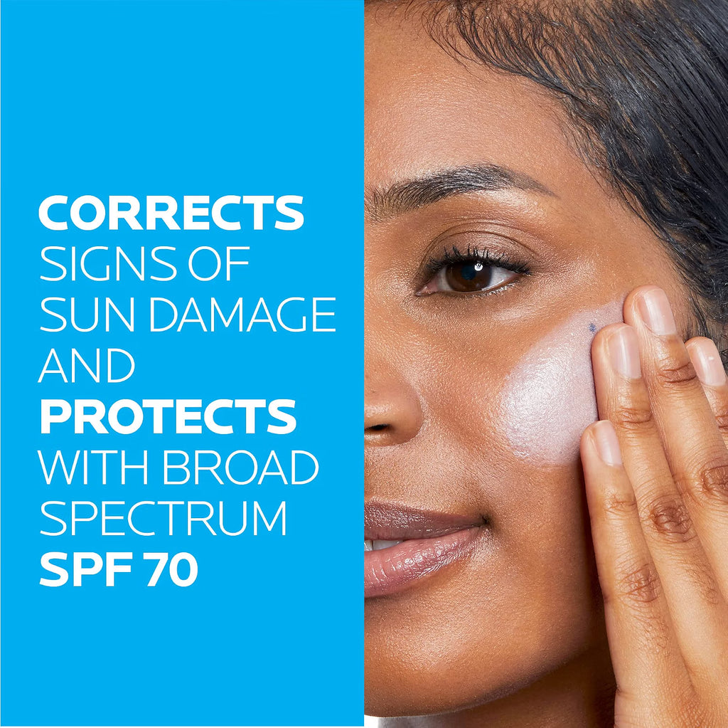 Woman applying sunscreen with text about sun damage correction and SPF 70 protection on a blue background