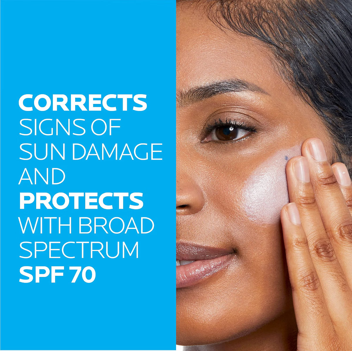 Woman applying sunscreen with text about sun damage correction and SPF 70 protection on a blue background
