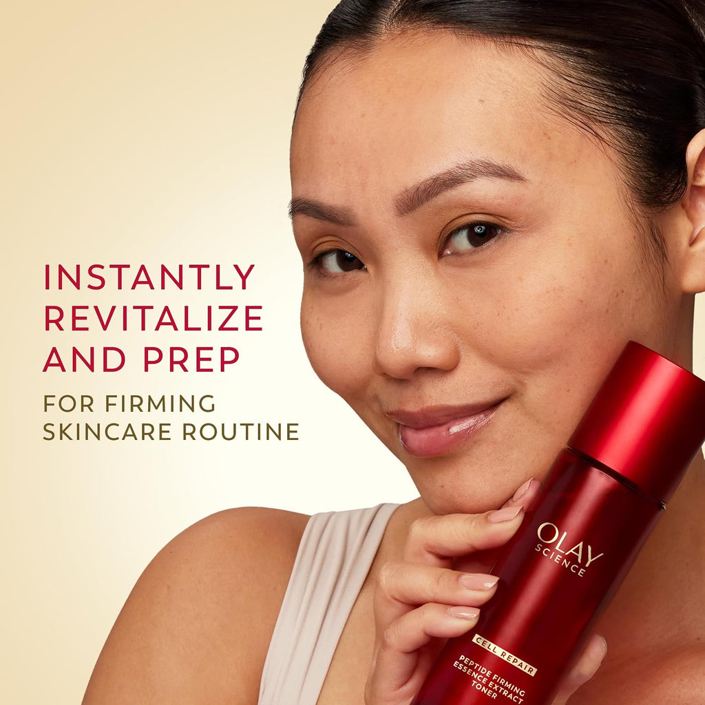 Woman holding a red Olay product with text on a beige background