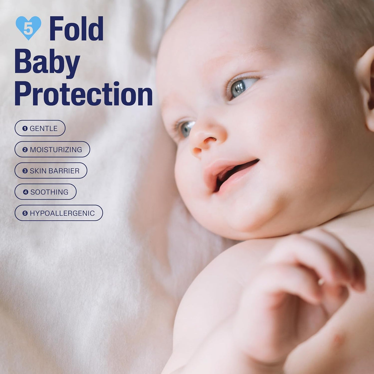 Baby with text overlay about 5-fold baby protection features on a soft background