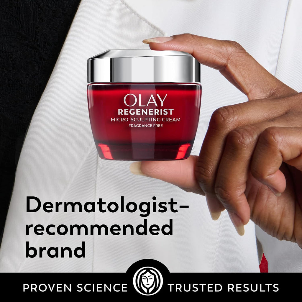 Olay Regenerist cream jar held by a hand with text about dermatologist-recommended brand.