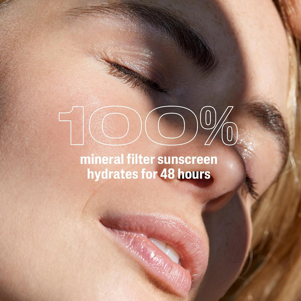 Close-up of a person's face with sunscreen application, text highlighting mineral filter sunscreen.