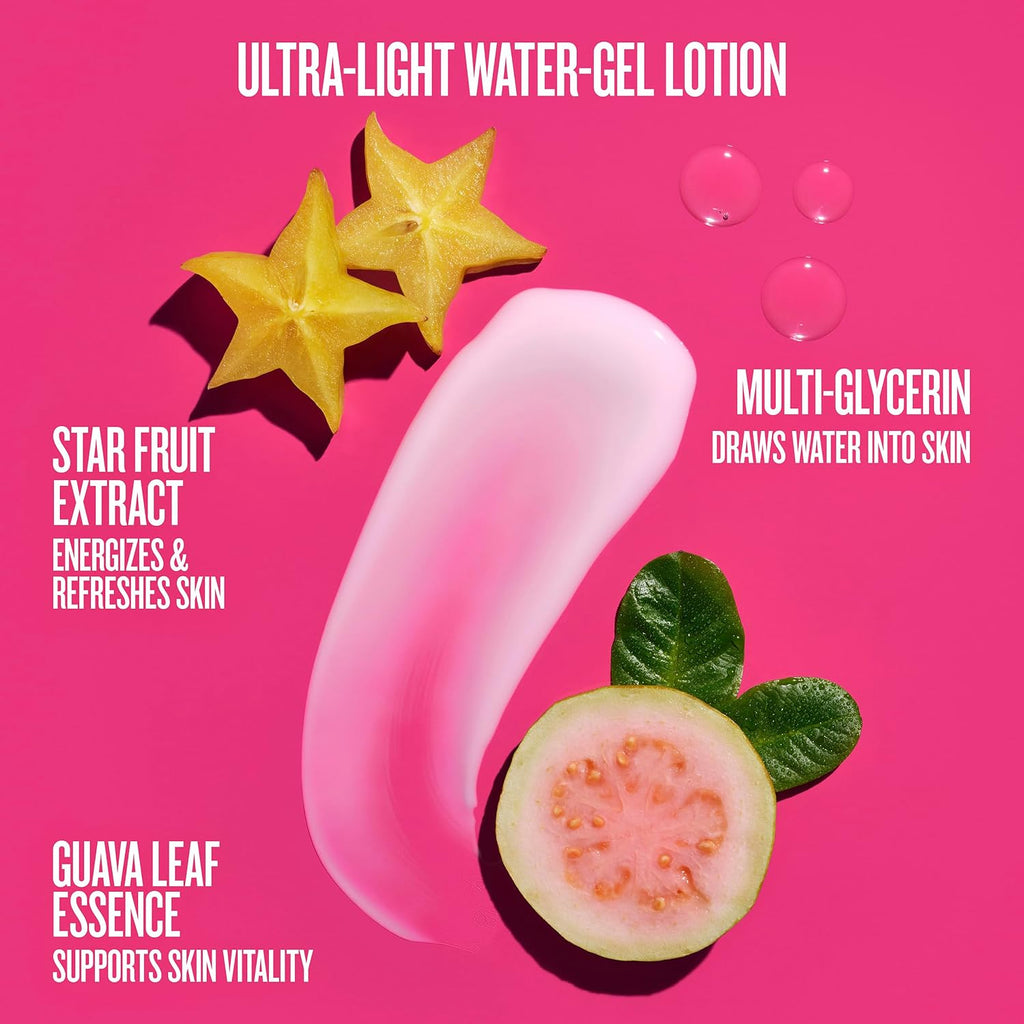 A pink water-gel lotion smear on a bright pink background with text callouts reading 'ULTRA-LIGHT WATER-GEL LOTION,' 'STAR FRUIT EXTRACT,' 'MULTI-GLYCERIN DRAWS WATER INTO SKIN,' and 'GUAVA LEAF ESSENCE SUPPORTS SKIN VITALITY,' plus star fruit slices, guava pieces, and droplets.